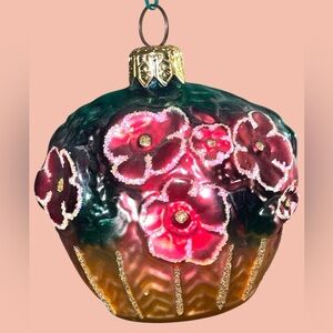 Vintage Glass Ornament May  BASKET Roses Daisy Floral Bouquet Holiday Poland